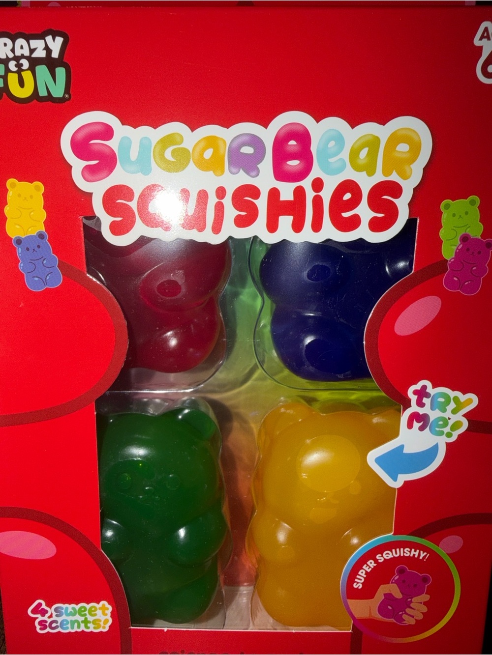 SugarBear Squishies Gummy Bear Toy Set - green red blue and yellow scented
